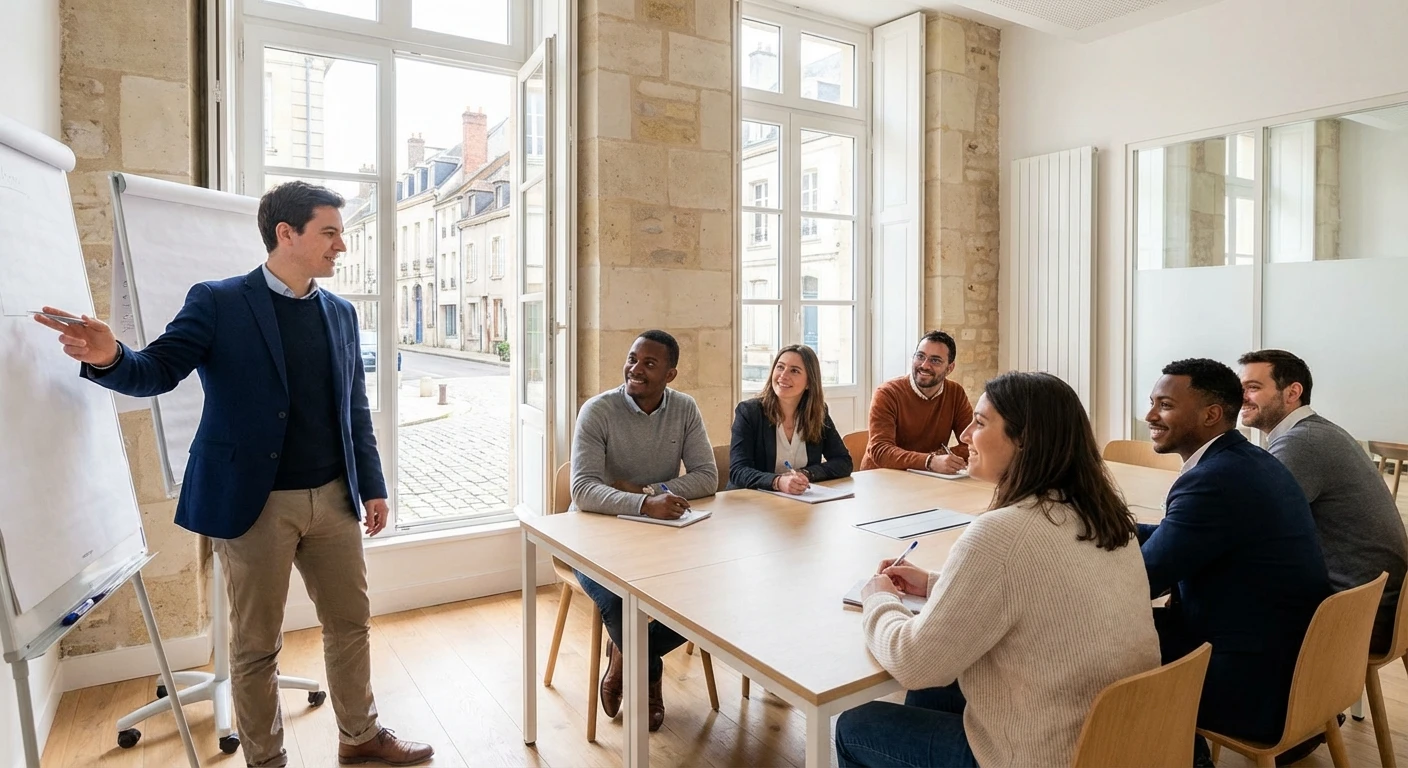 Une personne assise à un bureau moderne, en train de former ou de discuter avec un groupe d'employés attentifs, dans un environnement de réunion ou de salle de formation contemporain. La scène montre clairement un contexte de transmission de connaissances et de formation professionnelle, sans éléments graphiques surréalistes.