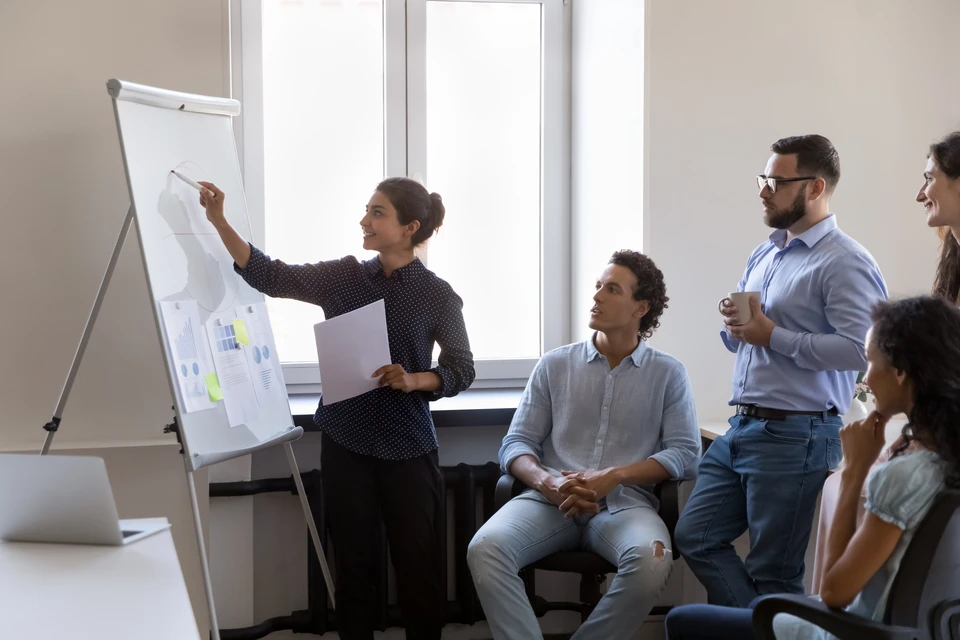Réunion d'équipe dans bureau moderne avec femme présentant données sur tableau de conférence mobile